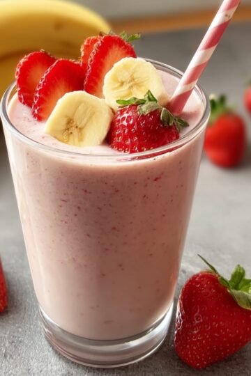 A refreshing Strawberry Banana Smoothie in a glass, topped with fresh strawberries and banana slices, with a straw for drinking.