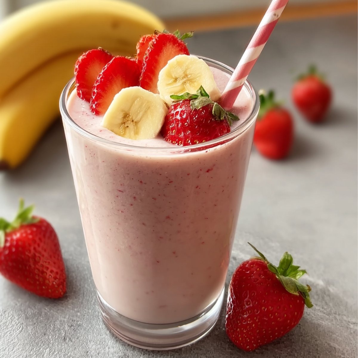 A refreshing Strawberry Banana Smoothie in a glass, topped with fresh strawberries and banana slices, with a straw for drinking.