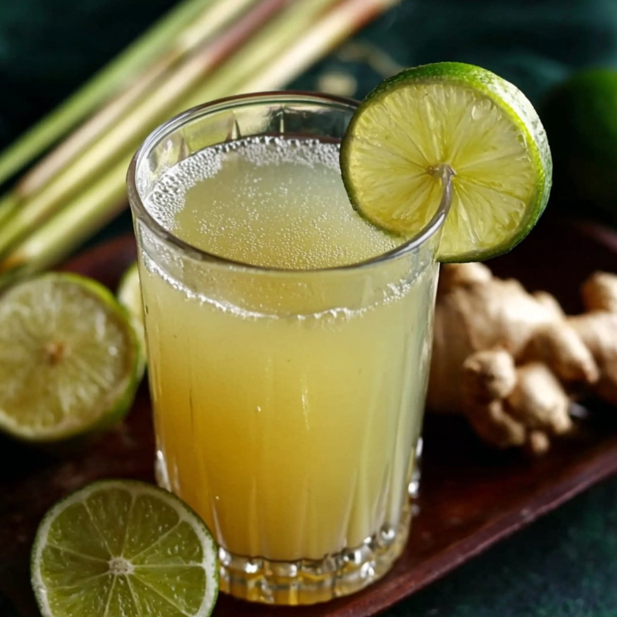 A refreshing glass of sugarcane juice, served with a slice of lime for added zest, with sugarcane stalks and ginger in the background.