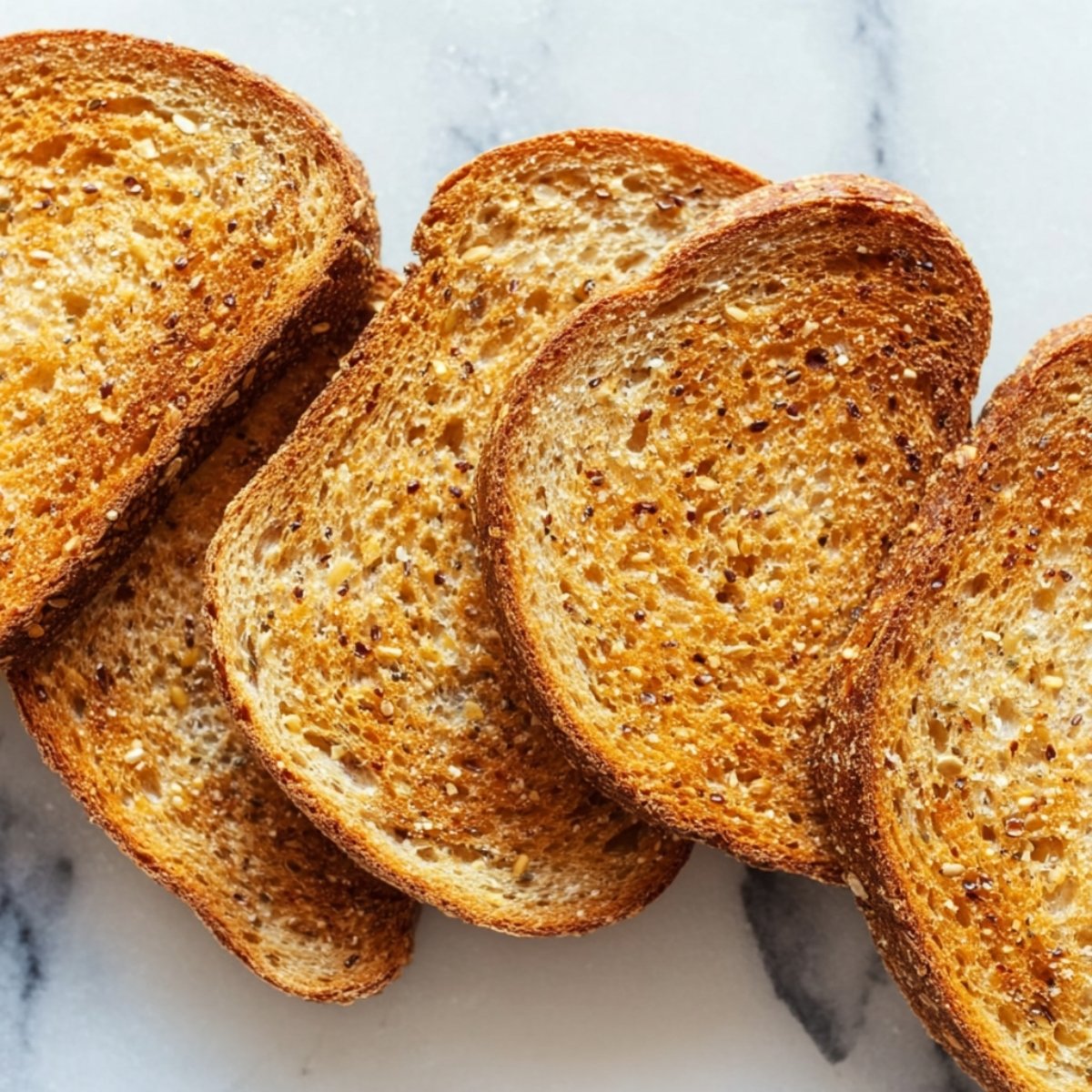 Several slices of golden brown toasted multigrain bread arranged in a row on a marble surface.