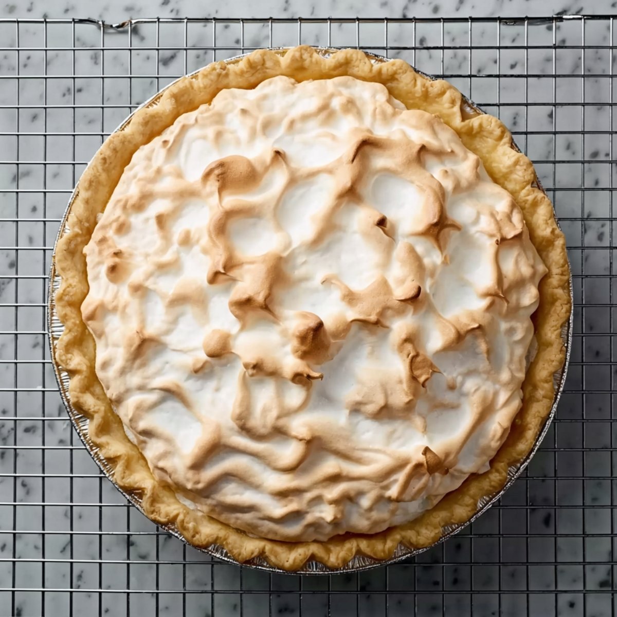 Lemon meringue pie with the meringue topping perfectly browned, resting on a cooling rack.