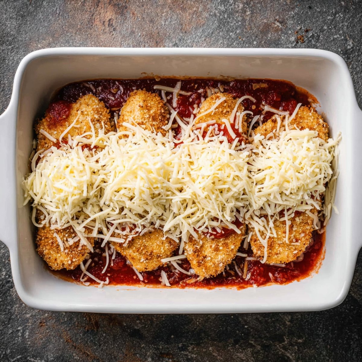 Chicken Parmesan in a white baking dish topped with marinara sauce and shredded mozzarella before baking