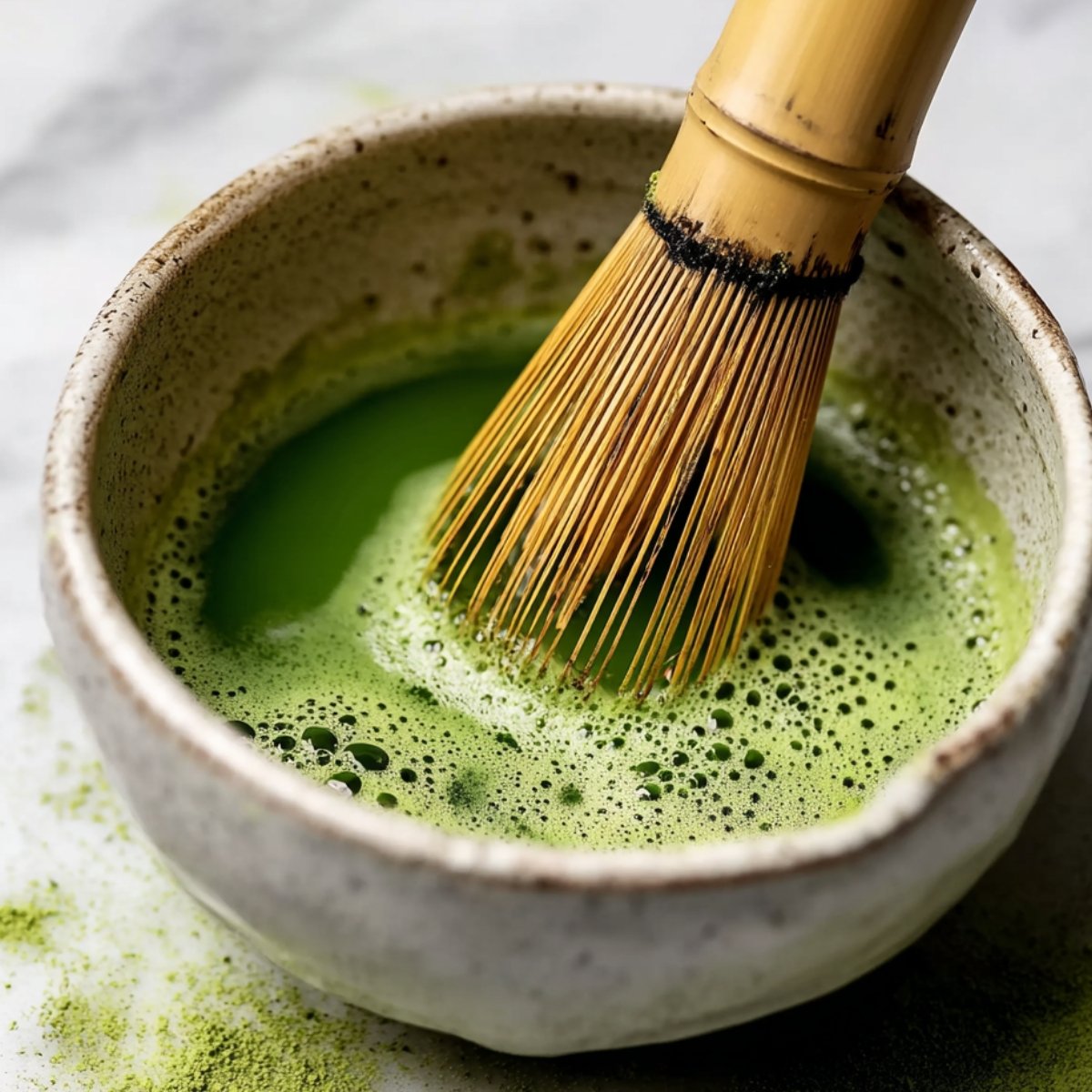 Bamboo whisk frothing bright green matcha tea in a ceramic bowl with fine matcha powder on the surface