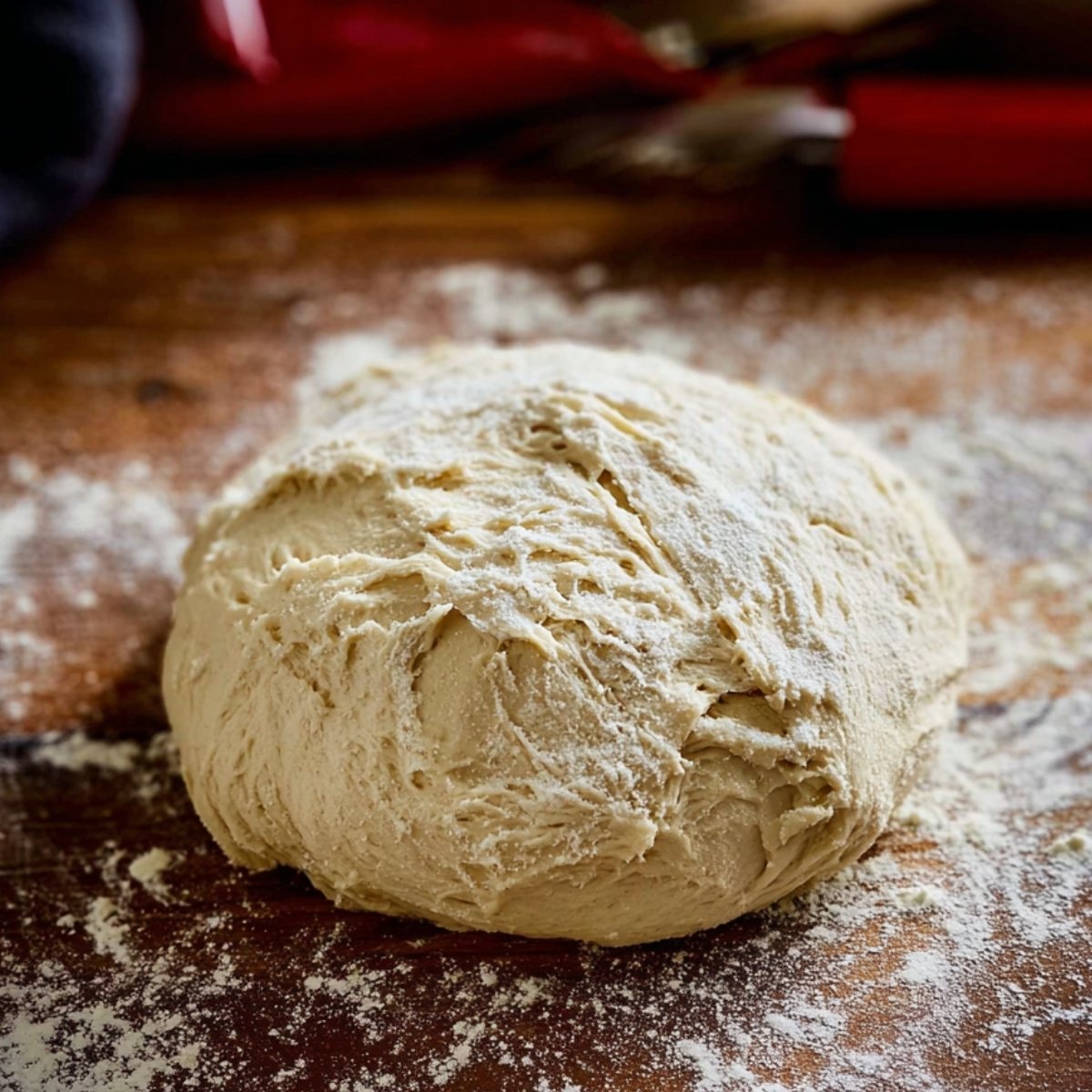 A round ball of shaggy dough resting on a flour-dusted wooden surface, ready for the next step in the bread-making process