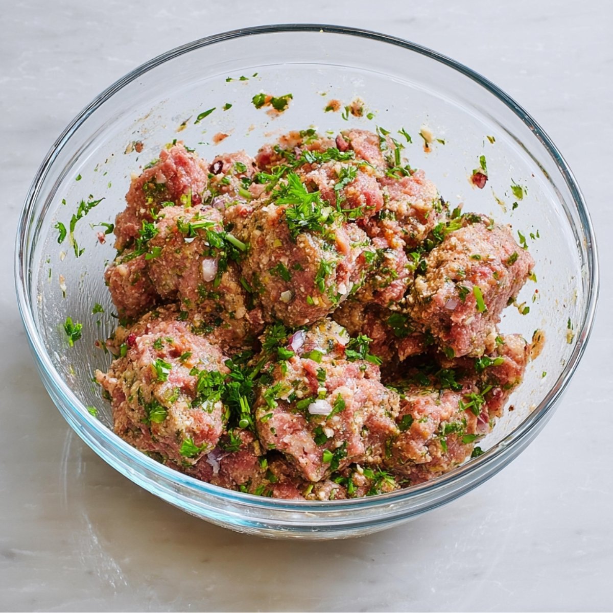 A bowl of meatball mixture, including ground meat, herbs, breadcrumbs, and seasoning, before shaping into balls.