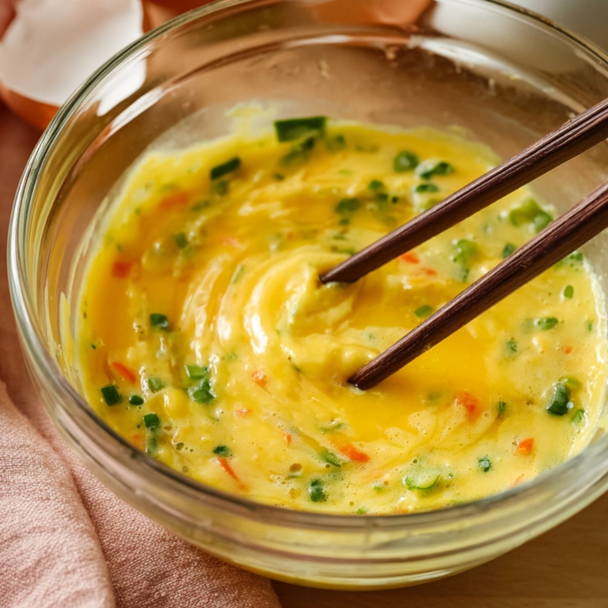 Whisked eggs with chopped green onions and carrots in a glass bowl.