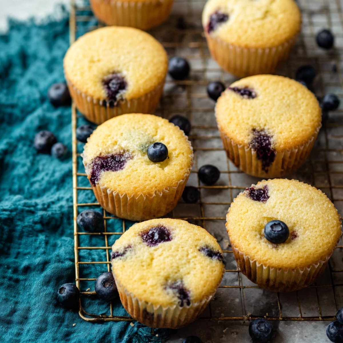 Golden lemon blueberry cupcakes cooling on a wire rack, surrounded by fresh blueberries. The cupcakes are lightly dusted with sugar, showcasing the blueberries embedded within the fluffy texture.
