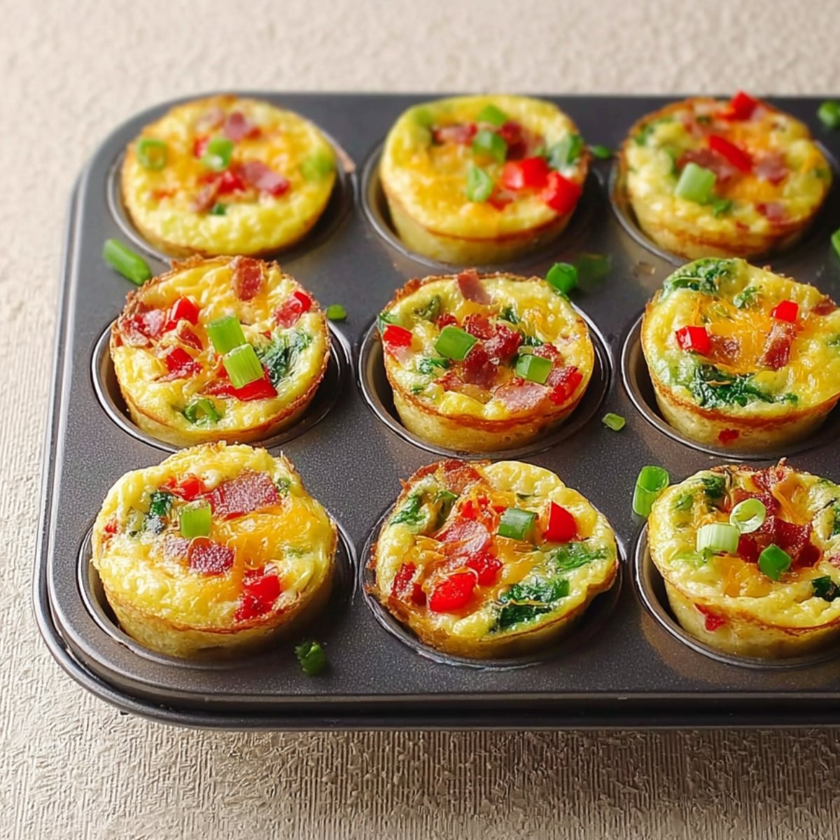 Baked egg muffins in a muffin tin, topped with bacon, red bell peppers, and green onions.