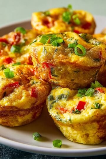 A plate of freshly Breakfast Egg Muffins with red bell peppers, spinach, and green onions.