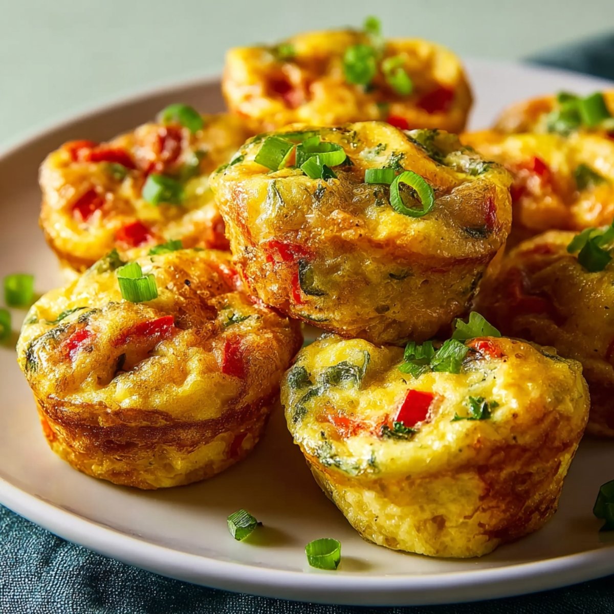 A plate of freshly Breakfast Egg Muffins with red bell peppers, spinach, and green onions.