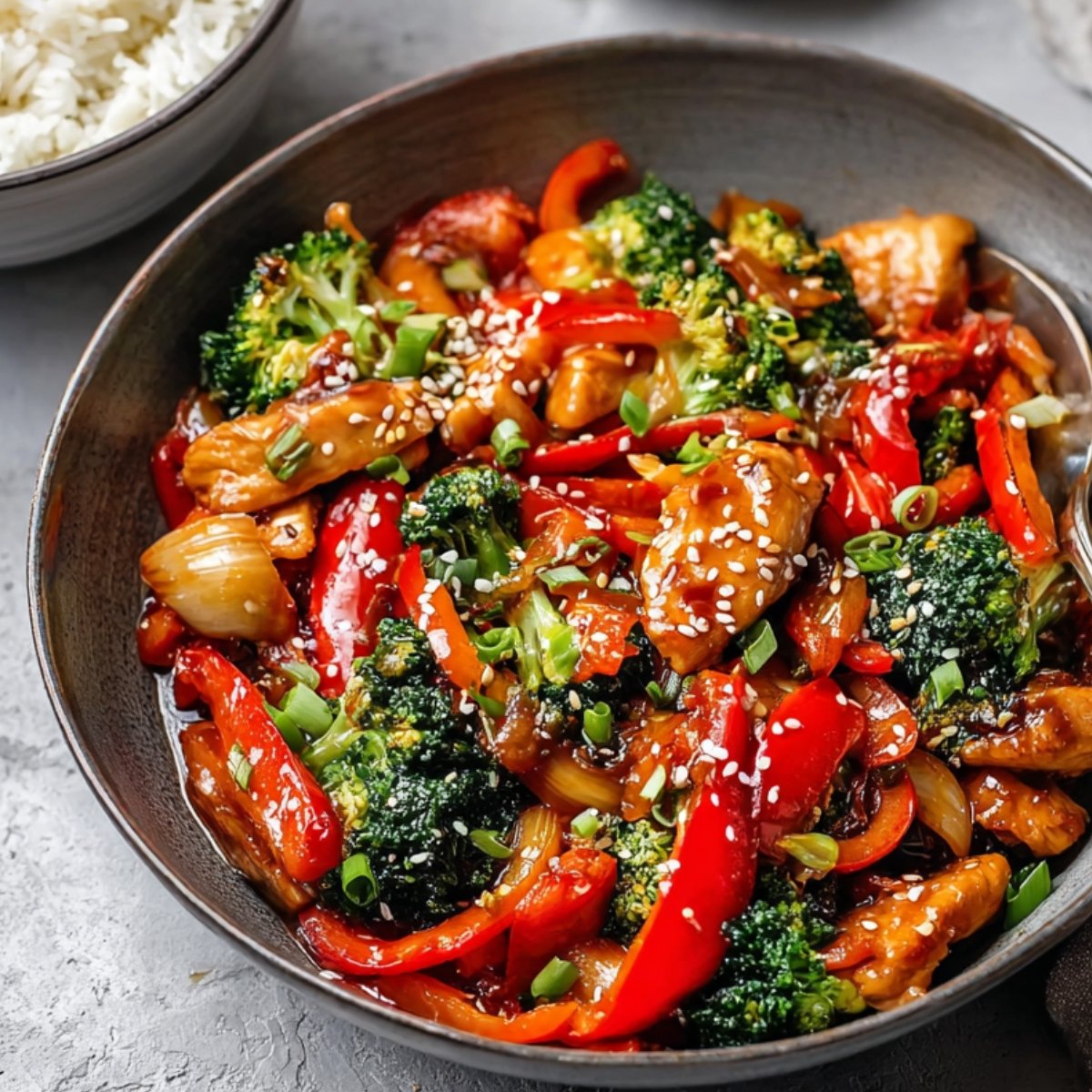 A bowl of vibrant Chicken Stir Fry featuring tender chicken, colorful vegetables, and a glossy sauce, garnished with sesame seeds and green onions.
