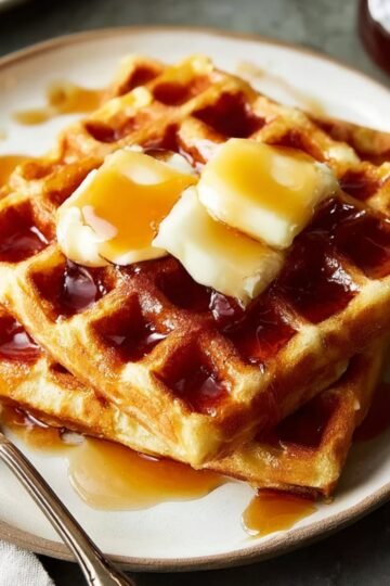 Two Waffles Recipe stacked on a plate, topped with butter and maple syrup, with a fork on the side.
