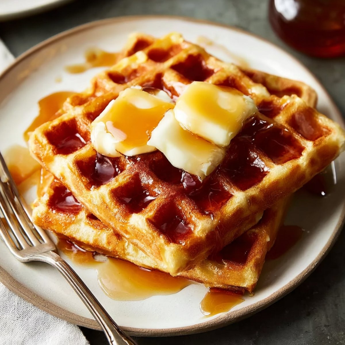 Two Waffles Recipe stacked on a plate, topped with butter and maple syrup, with a fork on the side.
