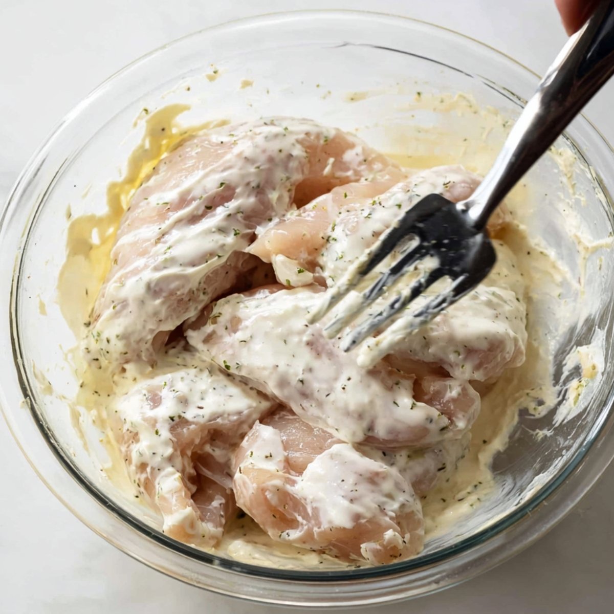 A close-up image of chicken pieces being coated with a creamy mixture in a glass bowl. The chicken is thoroughly mixed with the marinade, preparing it for the next step.