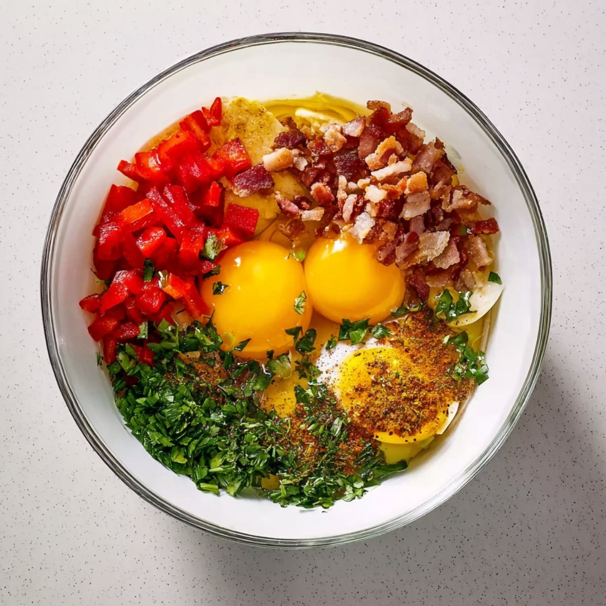 A bowl filled with chopped red bell peppers, crumbled bacon, fresh herbs, and two cracked eggs ready to be mixed for egg muffins.