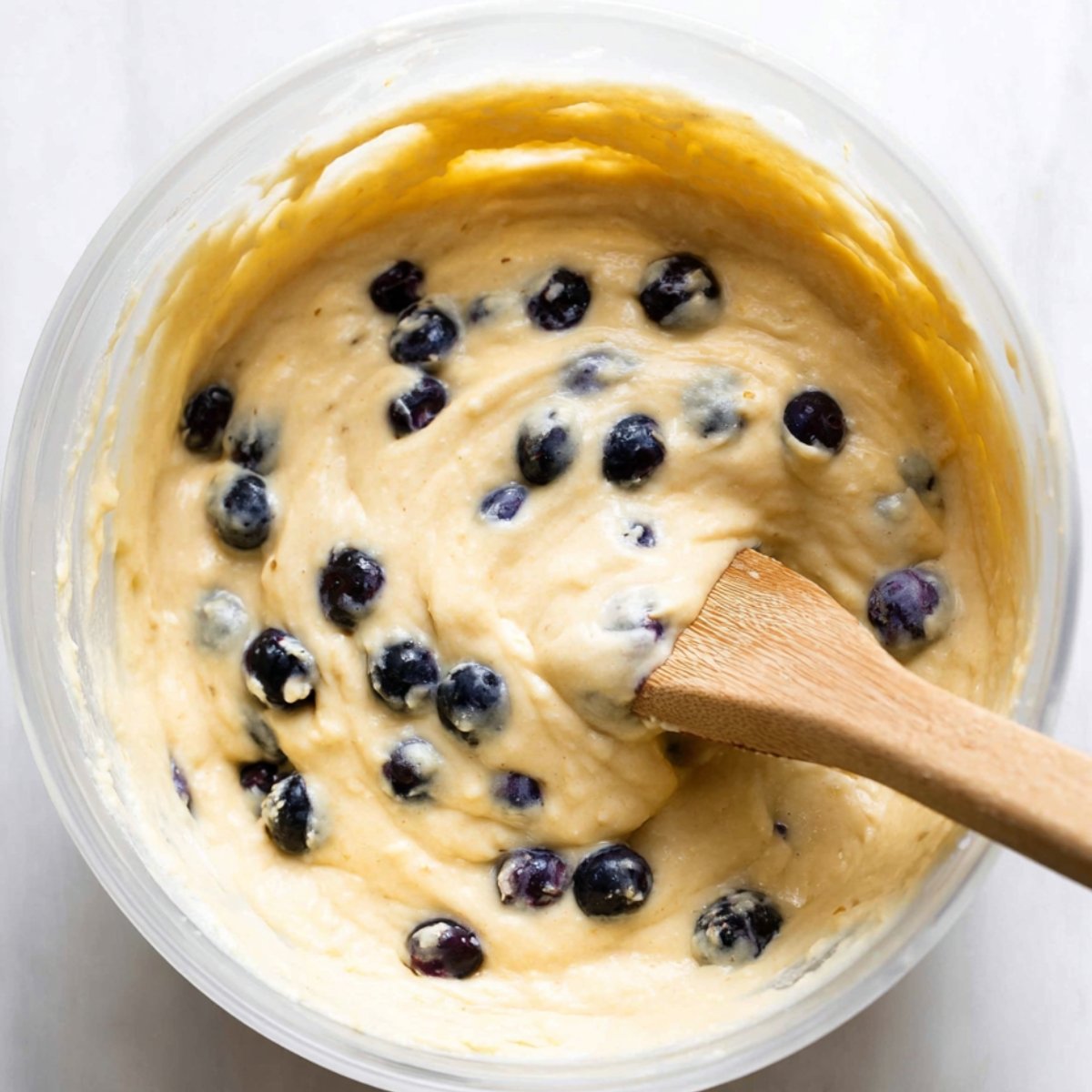 A wooden spoon stirring a bowl of lemon blueberry cupcake batter, filled with plump blueberries. The batter has a smooth, creamy texture, ready for baking.