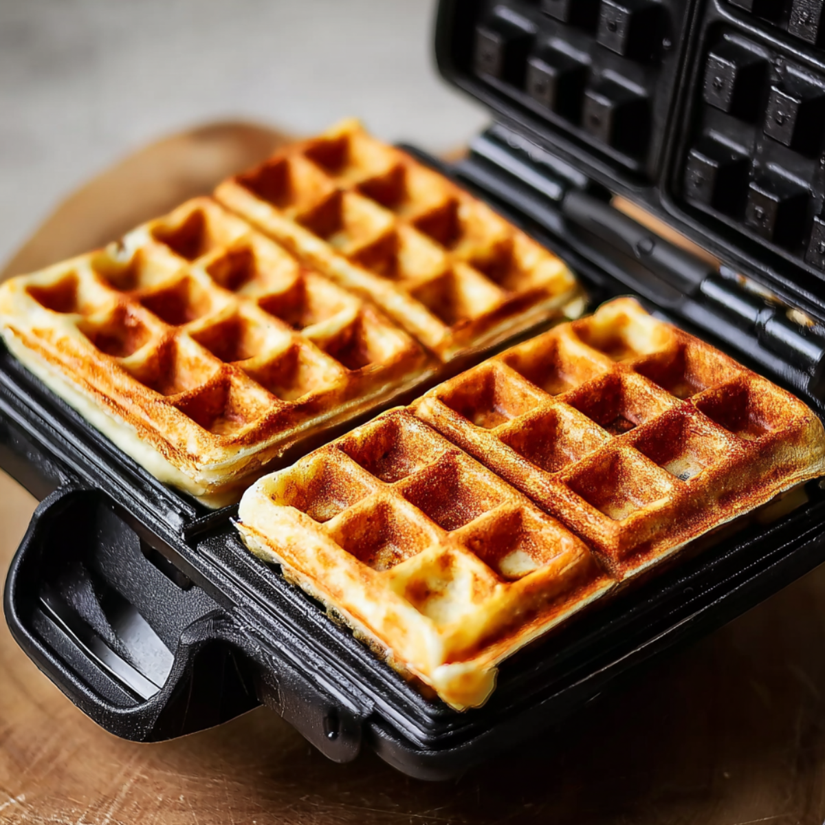 Waffles cooking in a waffle iron, with the waffle grid pattern clearly visible.