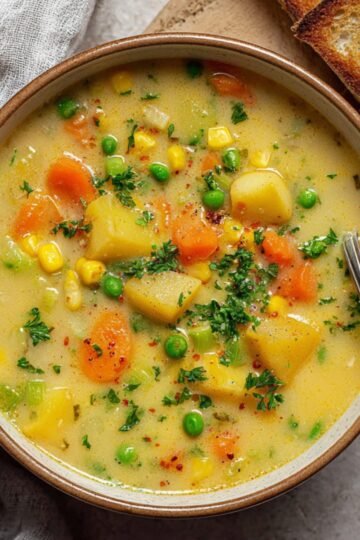 Creamy Vegetable Soup with potatoes, carrots, peas, and corn, garnished with parsley, served in a bowl next to toasted bread.
