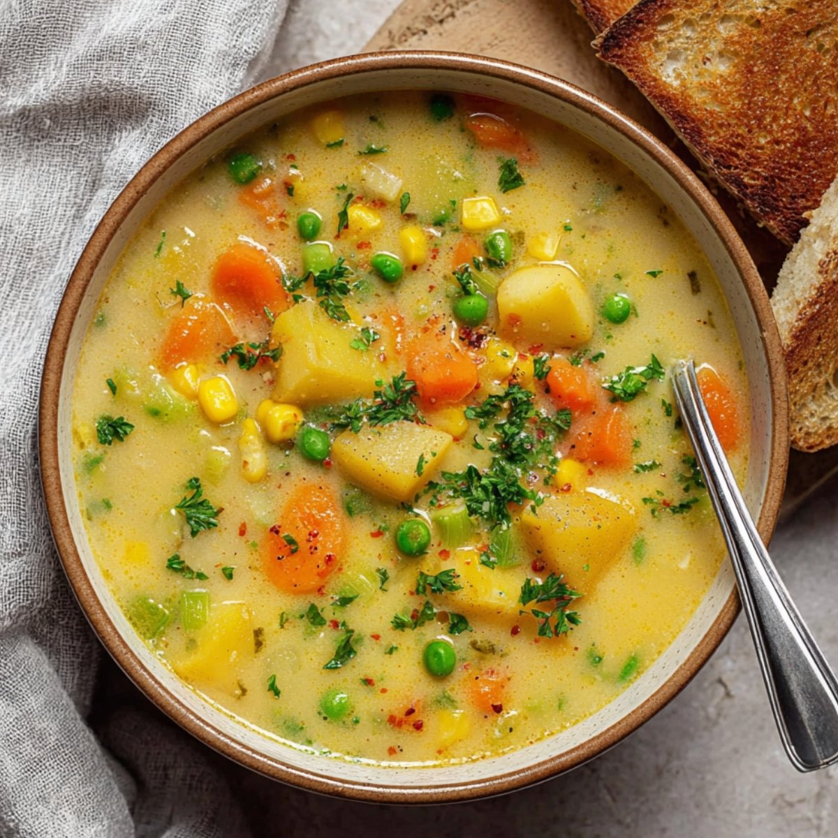 Creamy Vegetable Soup with potatoes, carrots, peas, and corn, garnished with parsley, served in a bowl next to toasted bread.