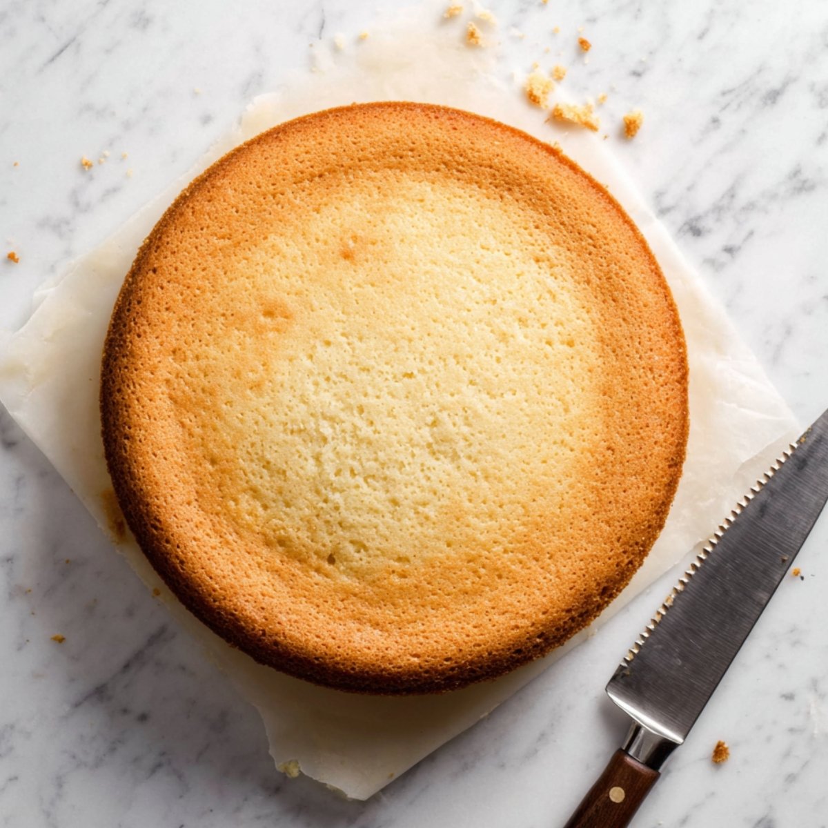 Freshly baked vanilla cake layer cooling on parchment paper with a serrated knife.