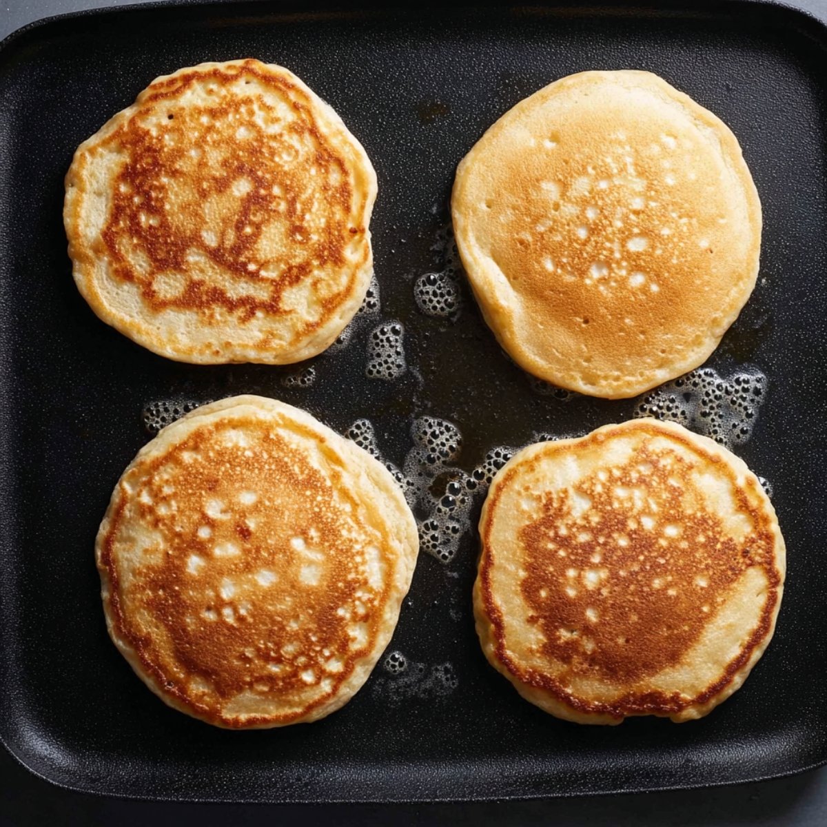 Four golden-brown pancakes sizzling on a black griddle, with bubbles rising to the surface, ready to be flipped.