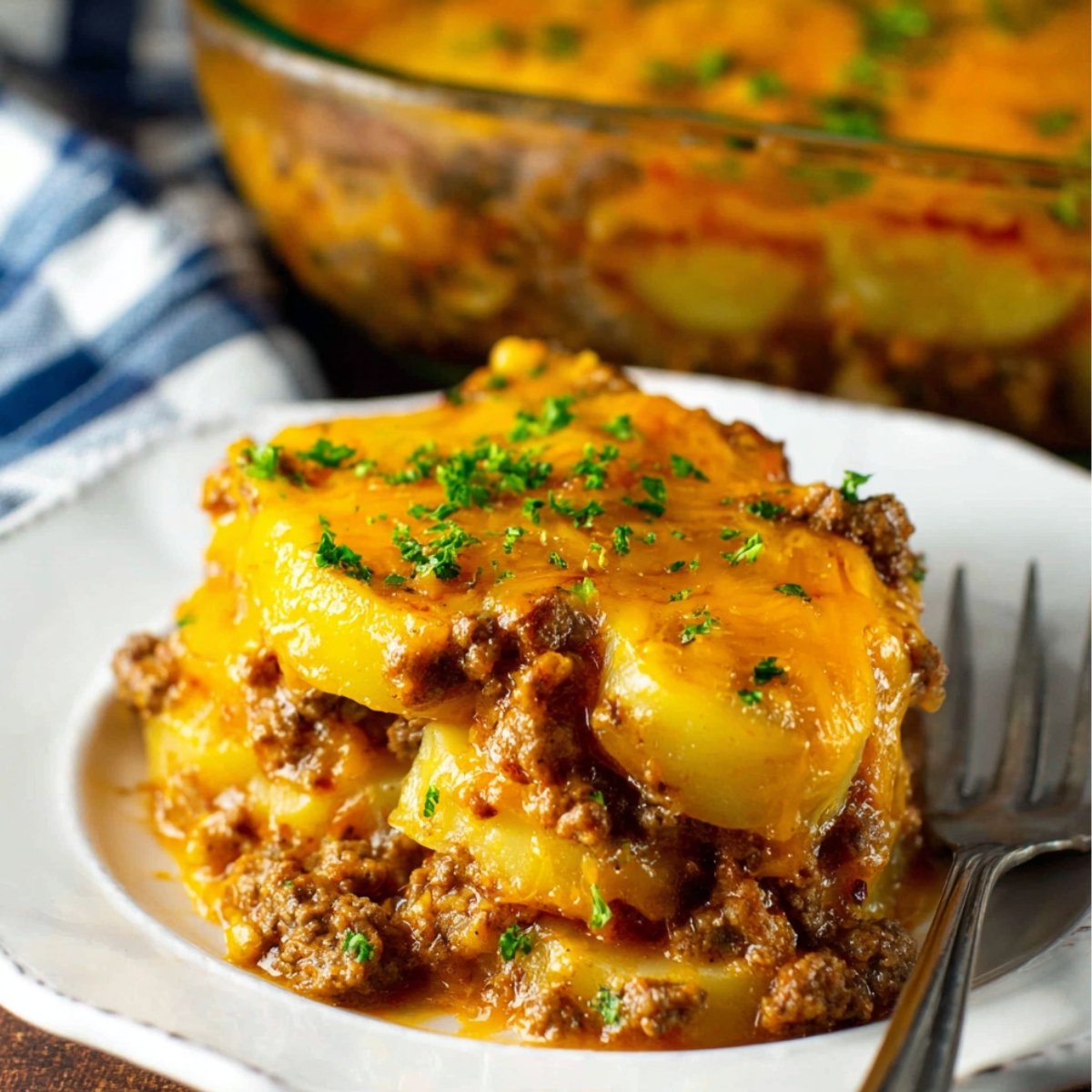 A delicious serving of Ground Beef and Potato Casserole, layered with seasoned ground beef, tender potatoes, and melted cheddar cheese, topped with fresh parsley for a burst of color.
