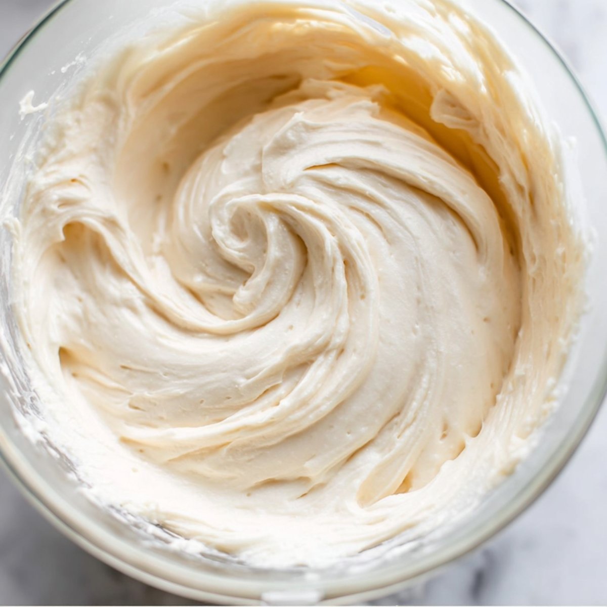 Creamy vanilla buttercream frosting whipped smooth in a glass bowl.