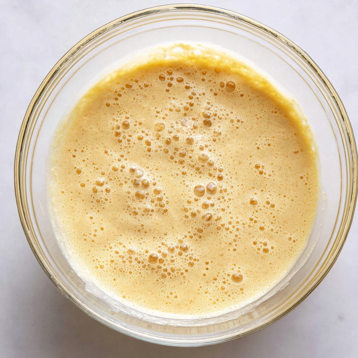 A glass bowl with frothy, bubbly mixture, likely the beginning stage of pancake batter, with a yellow tint.