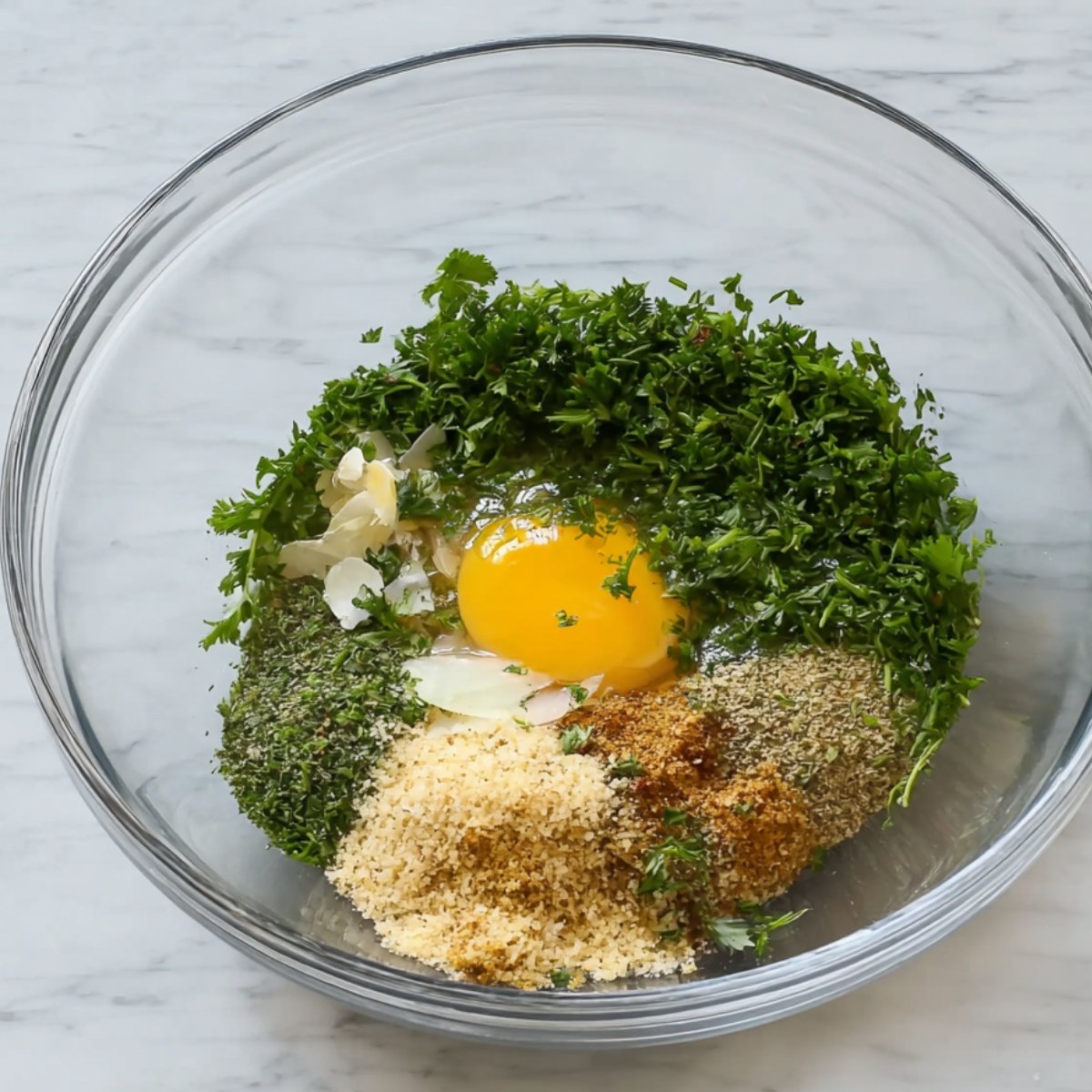 A glass bowl containing wet ingredients such as eggs and seasonings, ready to be mixed for meatball preparation.