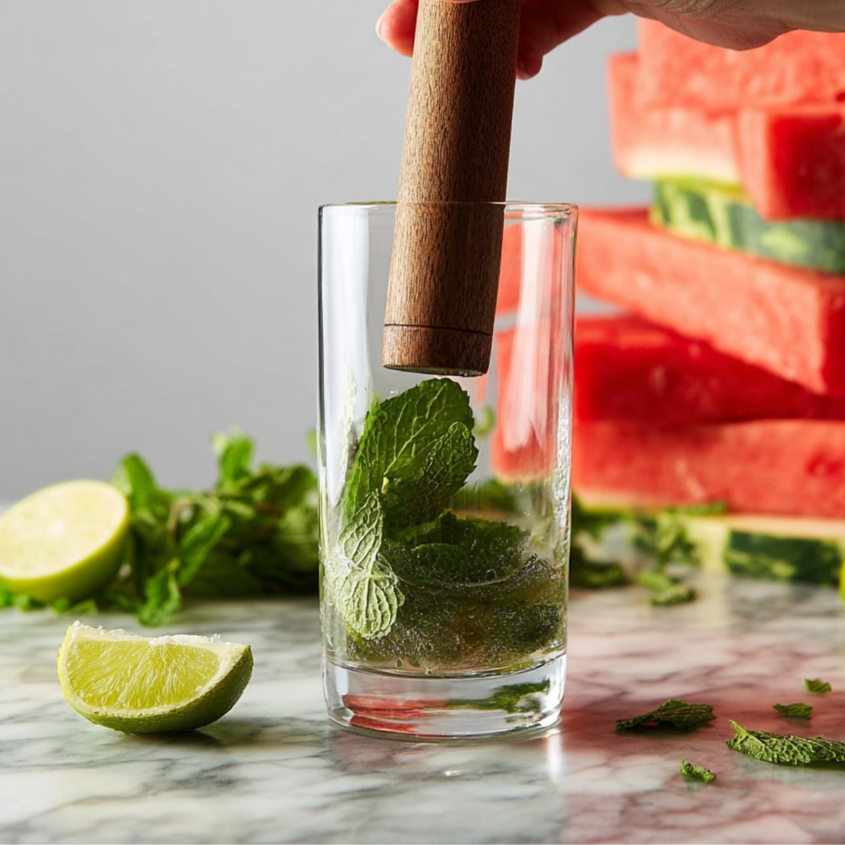 Muddling mint and lime in a glass, with watermelon slices and a lime wedge nearby.