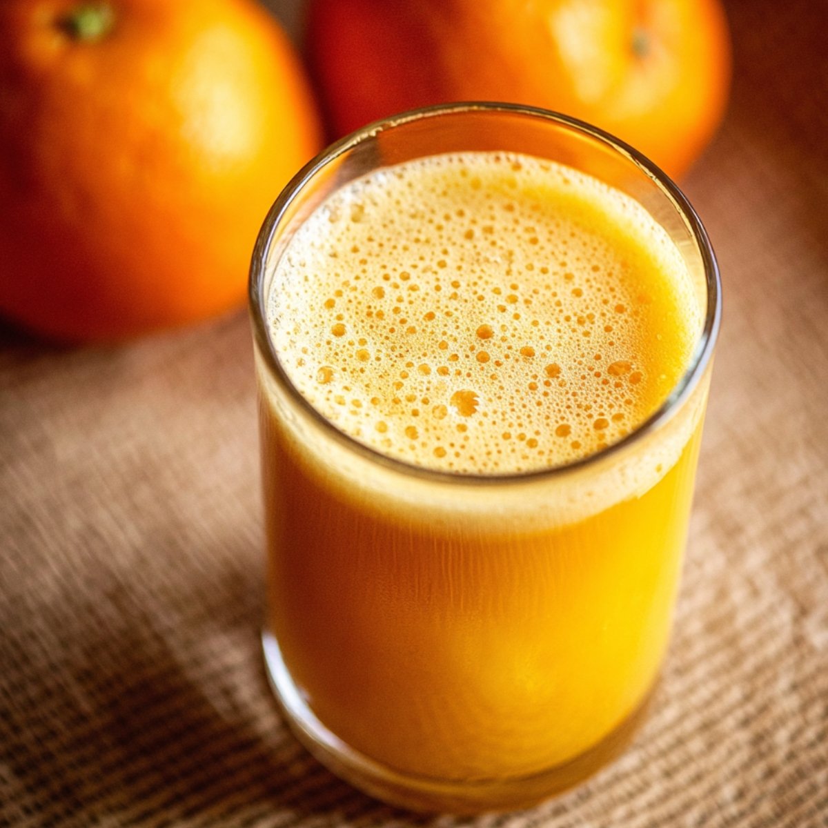 A glass of freshly squeezed orange juice with a foamy top, surrounded by whole oranges in the background.