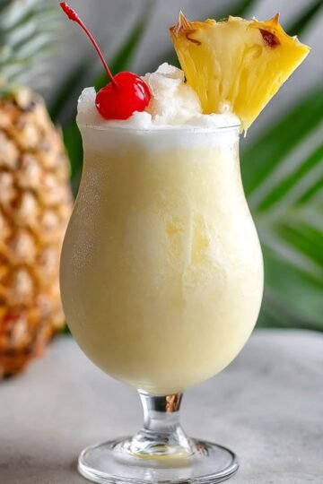 A Pina Colada served in a glass, garnished with a pineapple slice and cherry, perfect for a tropical treat.