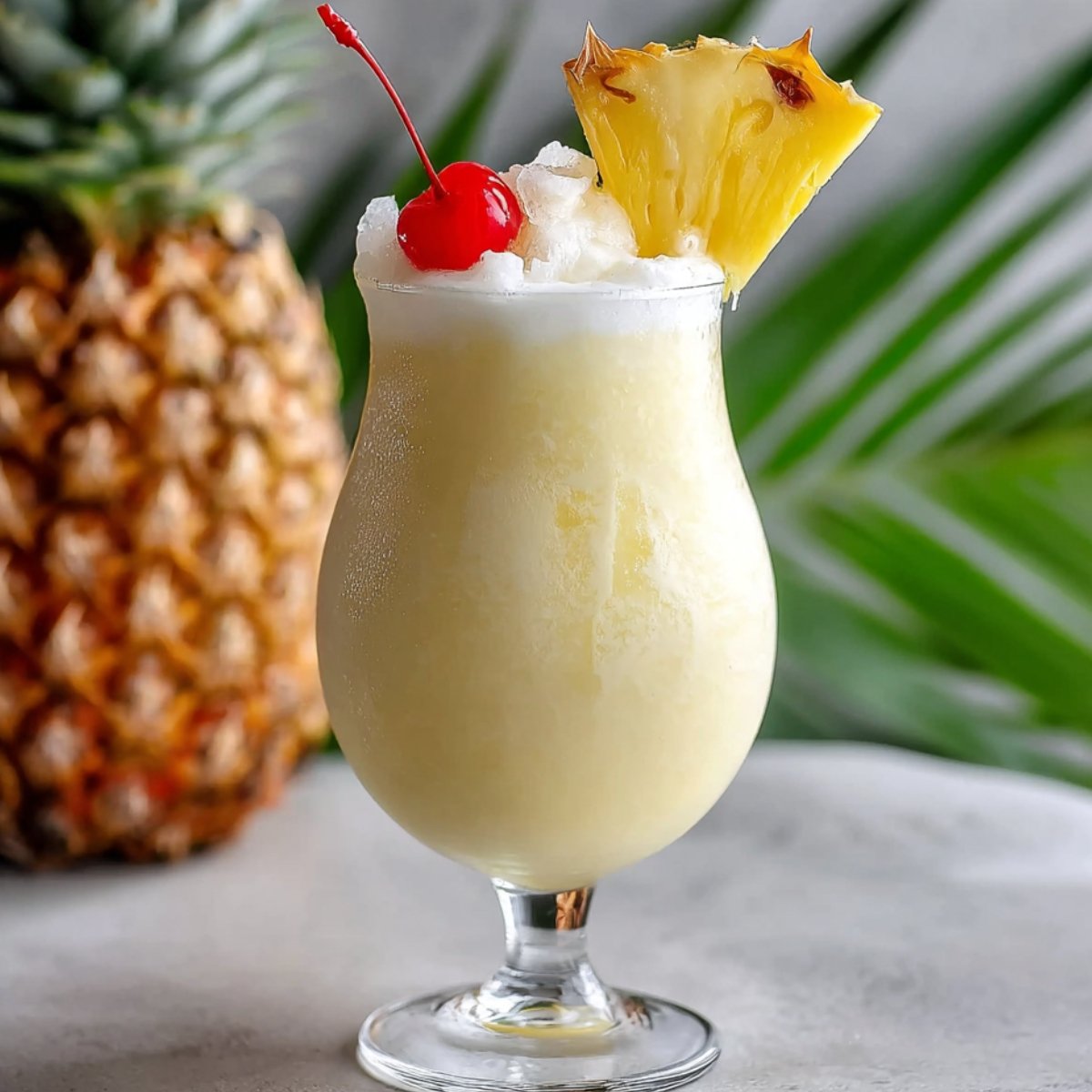 A Pina Colada served in a glass, garnished with a pineapple slice and cherry, perfect for a tropical treat.