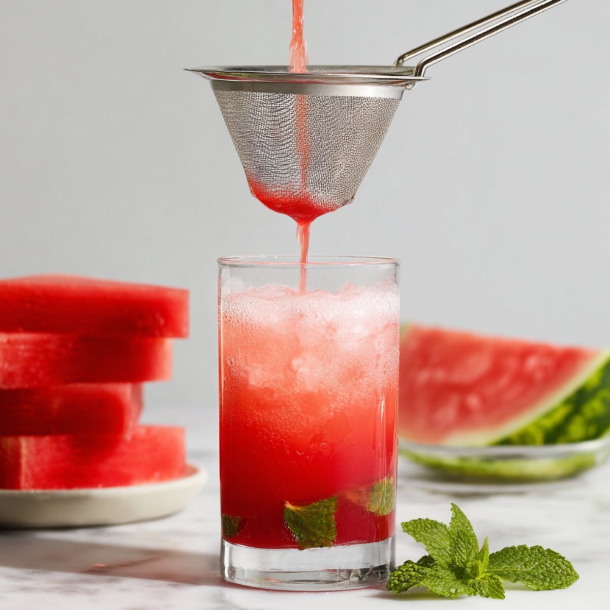 Straining watermelon juice into a glass with ice and mint leaves, with stacked watermelon slices in the background.