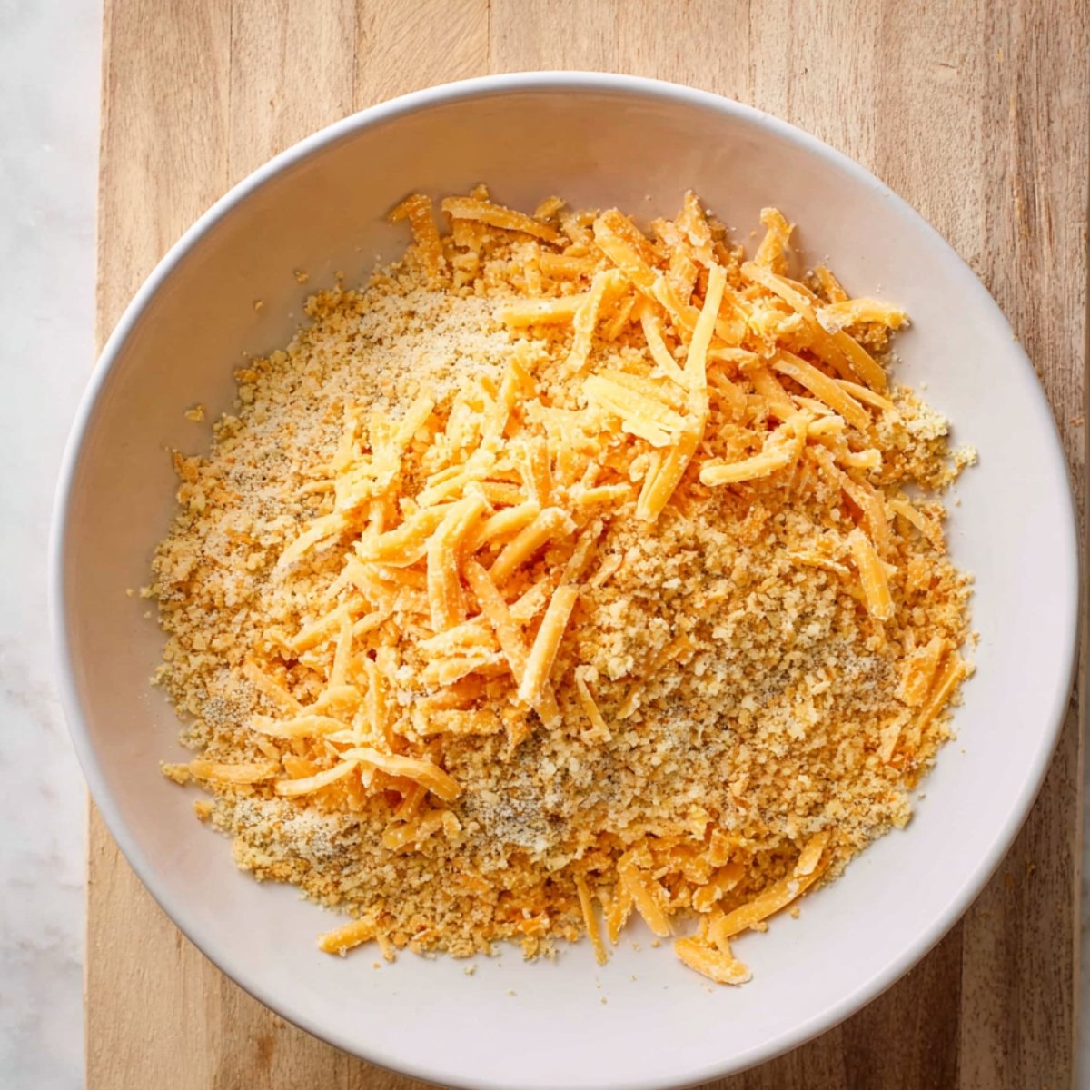 A close-up image of a bowl containing a mixture of grated cheddar cheese and breadcrumbs, ready to coat chicken for a crispy and cheesy crust.