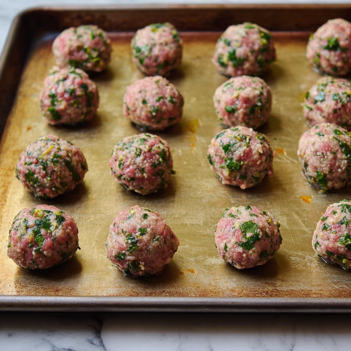 A baking tray filled with raw meatballs made from ground meat, breadcrumbs, herbs, and seasonings, ready to be baked.