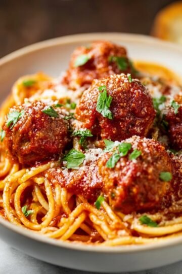 A close-up shot of Spaghetti and Meatballs in tomato sauce, garnished with grated Parmesan and fresh basil.
