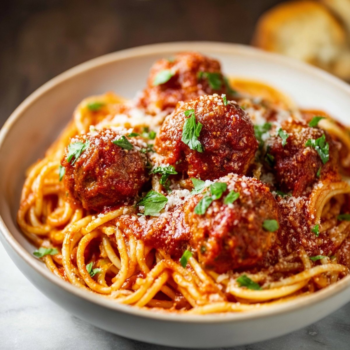 A close-up shot of Spaghetti and Meatballs in tomato sauce, garnished with grated Parmesan and fresh basil.