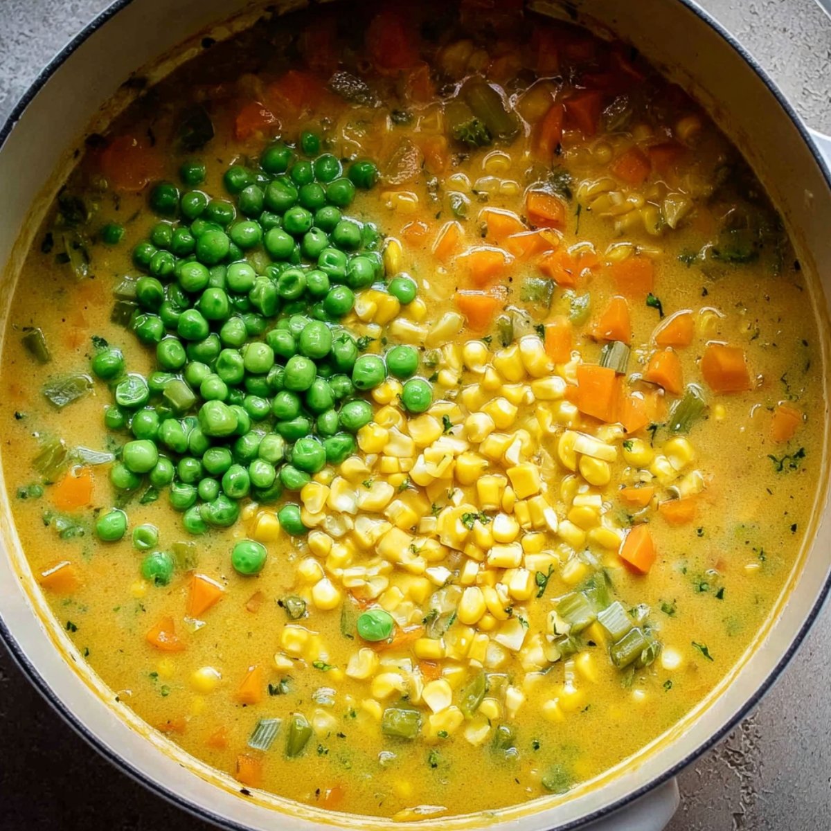 Stirring peas, corn, and milk into a creamy vegetable soup in a large pot.