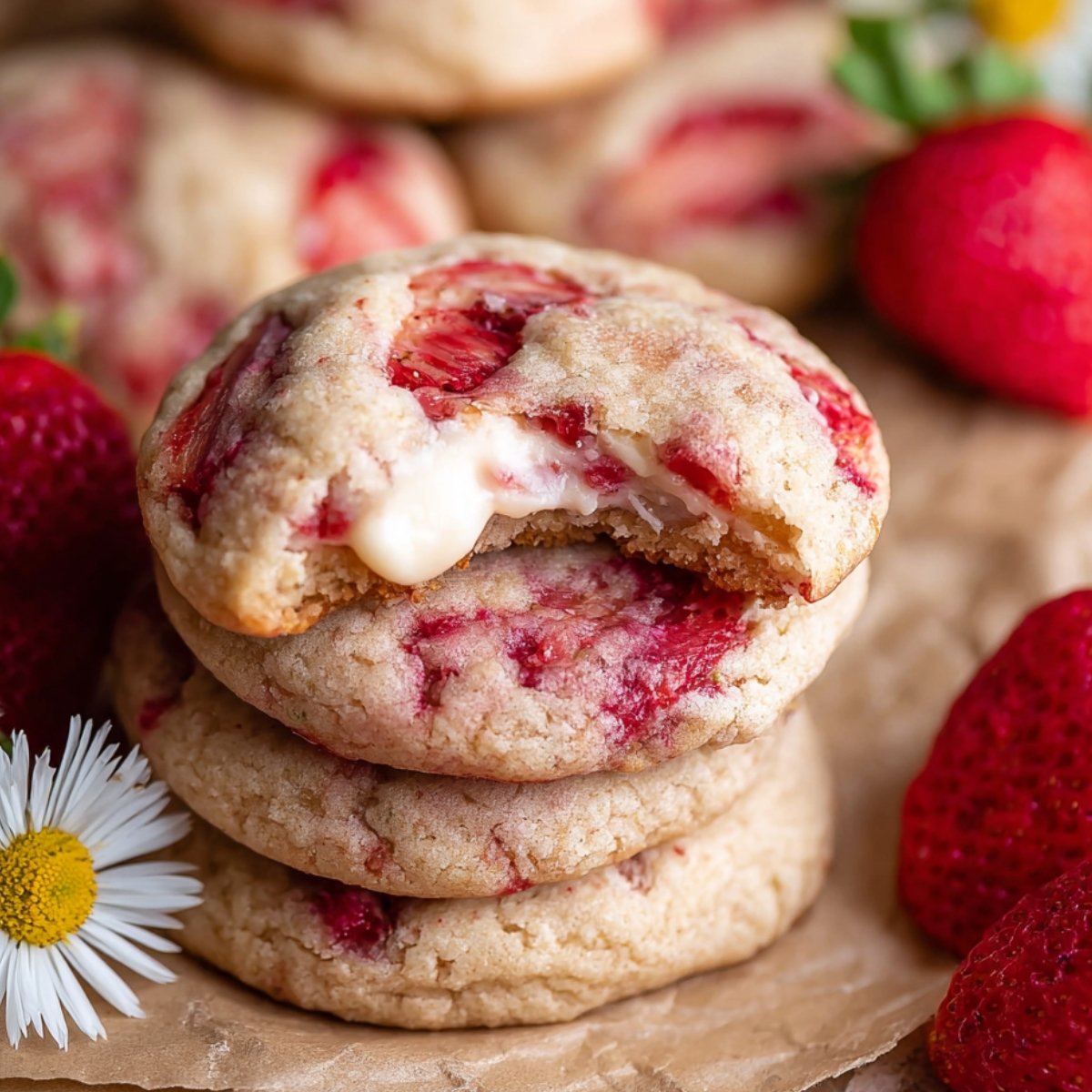 Stack of Strawberry Cheesecake Cookies with a bite taken out, revealing the creamy filling.