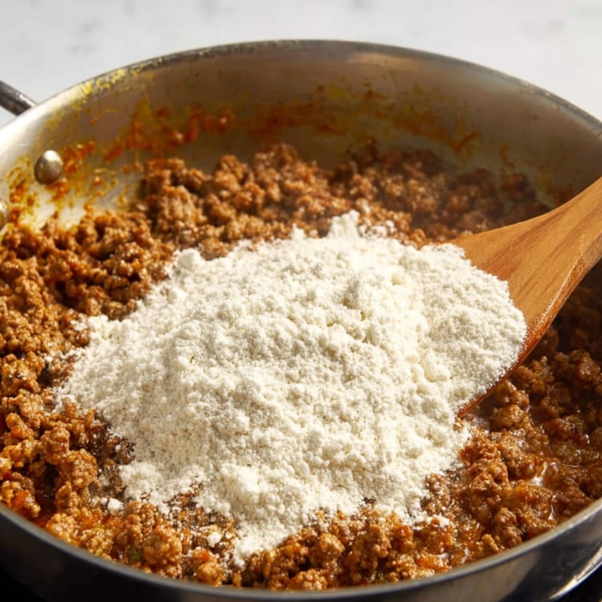 Flour is added to the cooked ground beef mixture, helping to thicken and bind the ingredients together for a creamy and flavorful sauce.