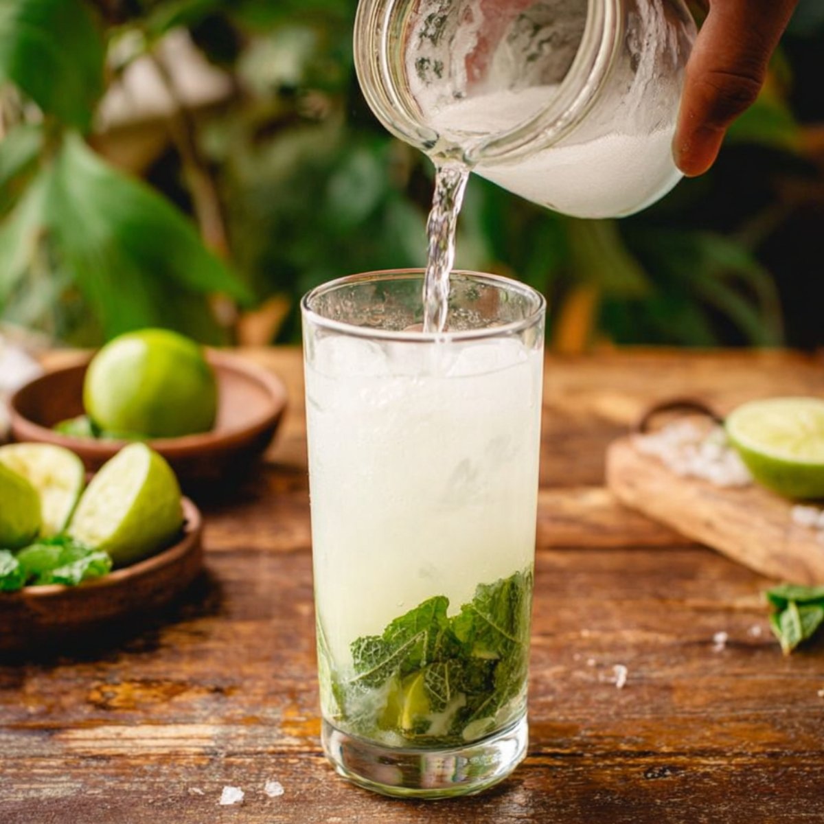 A refreshing coconut mojito in the making, with a jar of water being poured into a tall glass containing lime slices and fresh mint leaves.