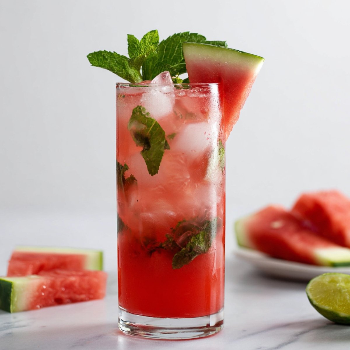 Watermelon Mojito in a glass with mint, ice, and a watermelon slice garnish.