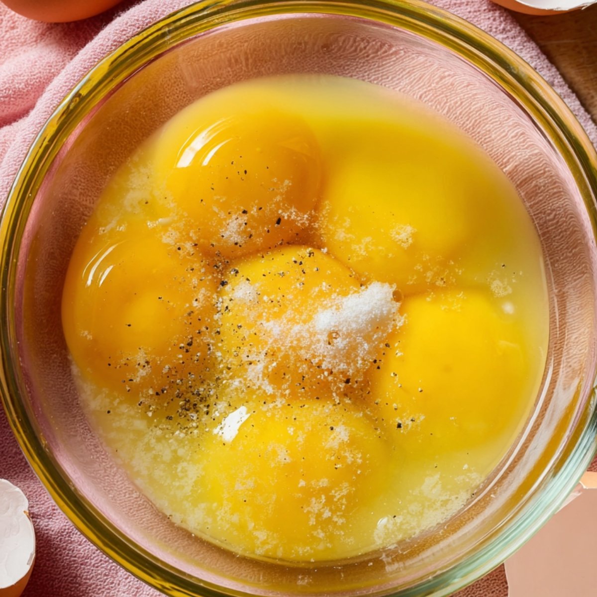 Cracked eggs with salt and pepper in a glass bowl.